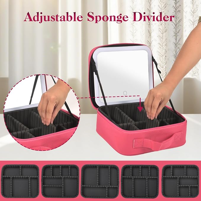 Travel Makeup Bag With LED Mirror, Cosmetic Train Case with 3 Color Setting - Image 5