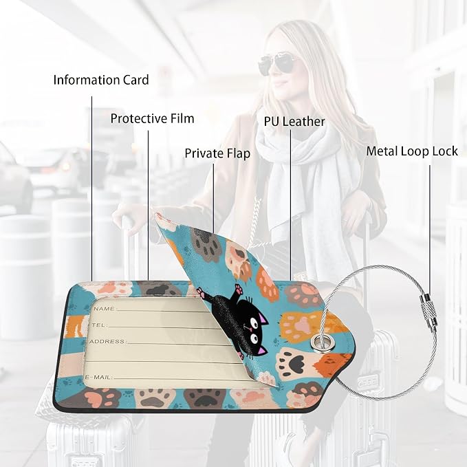 2 Pack Luggage Tags for suitcases Cute Cat Luggage Tag, Leather Stainless Steel - Image 3