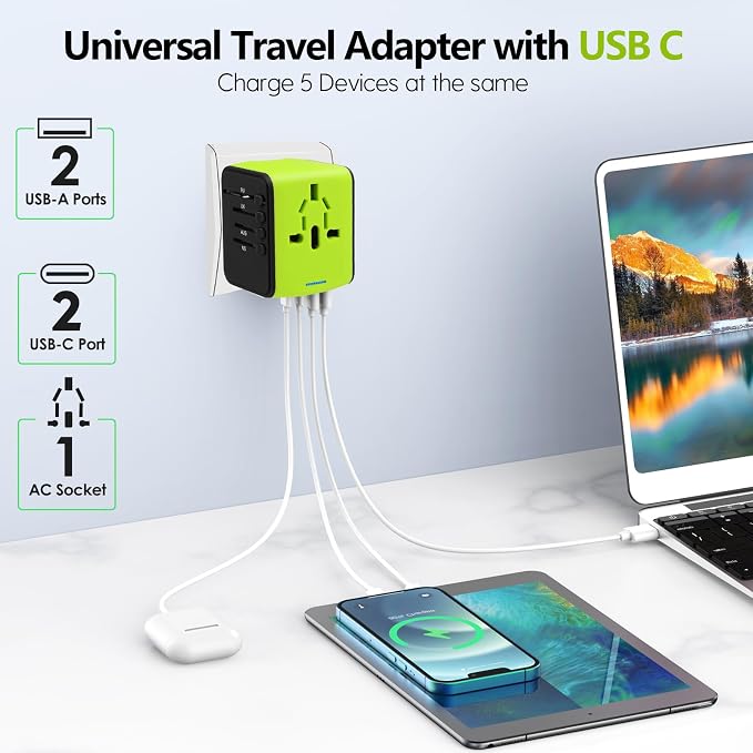 JMFONE International Travel Adapter 2 USB-C & 2 USB-A Ports and Multi AC Sockets - Image 2