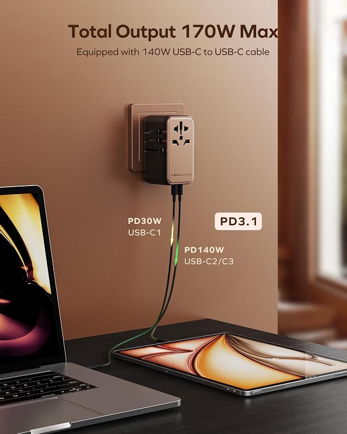 MOMAX Universal Travel Adapter, 170W GaN International Power Adapter, 2 USB-C 2 - Image 2