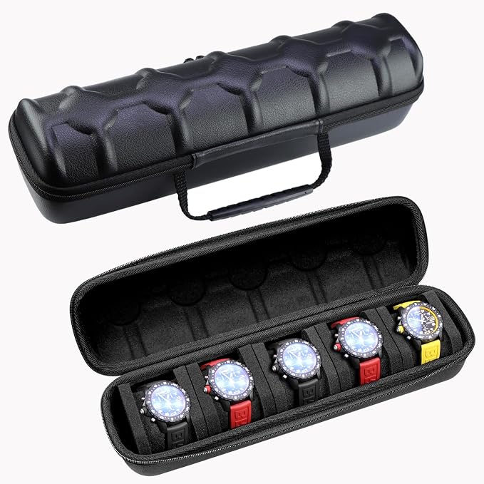 Juntan 5 Slots Hard Watch Travel Case, Portable PU Leather Zipper Storage by JuntanWatchBands