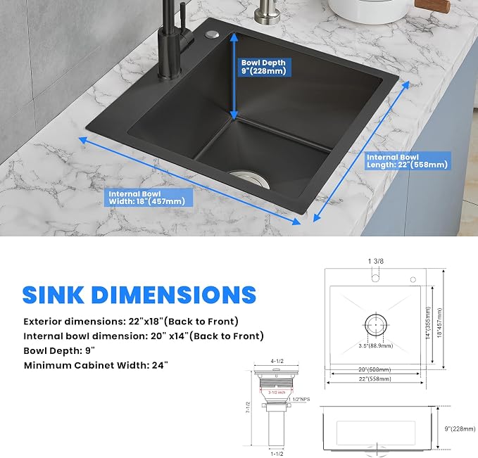POPFLY 22x18 inch Drop In Kitchen Sink, 18 Gauge 304 Stainless Steel Top mount - Image 7
