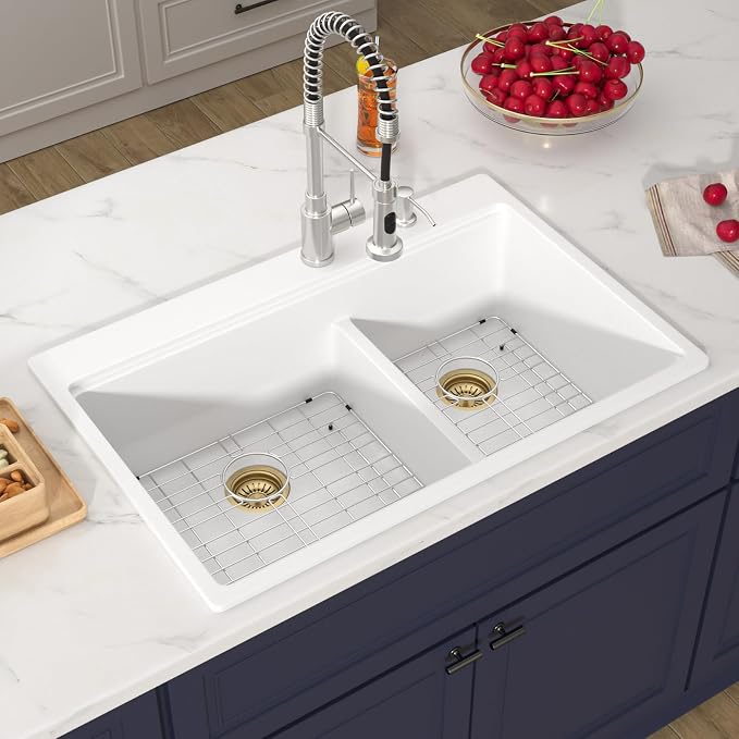 33 Inch Double Bowl White Kitchen Sinks 33x22 Granite Composite Dorp In 60/40 - Image 4