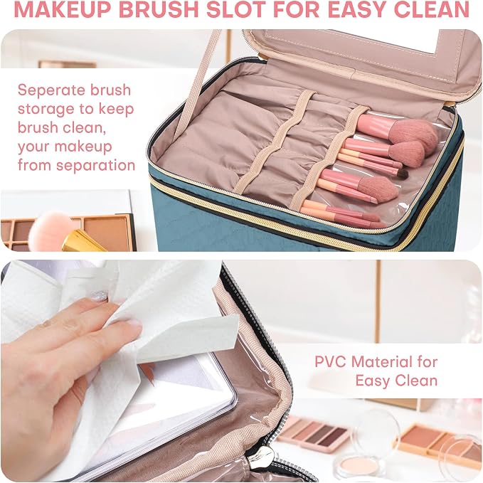 Large Makeup Bag with Mirror Double Layer Travel Make Up Organizer Case - Image 6