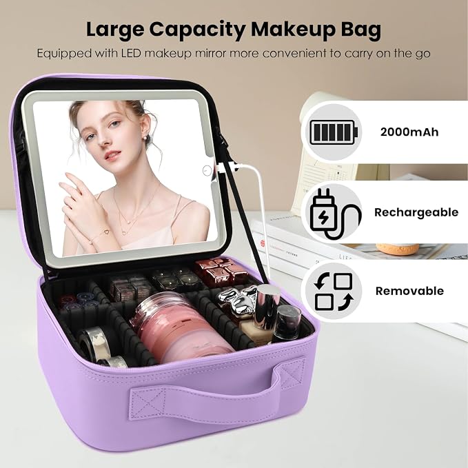 Travel Makeup Bag with LED Mirror and Light Travel Makeup Case Cosmetic - Image 3