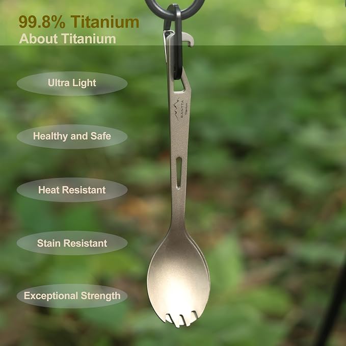 SANTTA Titanium 3-in-1 Camping Spork, Fork & Bottle Opener Combo Utensil - Image 2