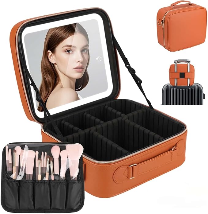 Travel Makeup Bag with LED Mirror, Cosmetic Bags by Emdelifo
