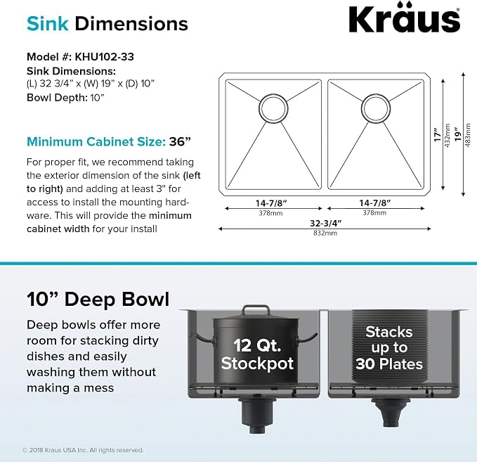 KRAUS Standart Pro 33 -inch Undermount 50/50 Double Bowl 16 Gauge Stainless - Image 3