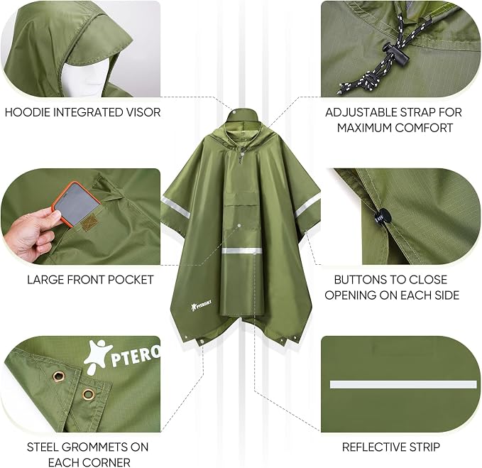 PTEROMY Hooded Rain Poncho for Adult - Image 6
