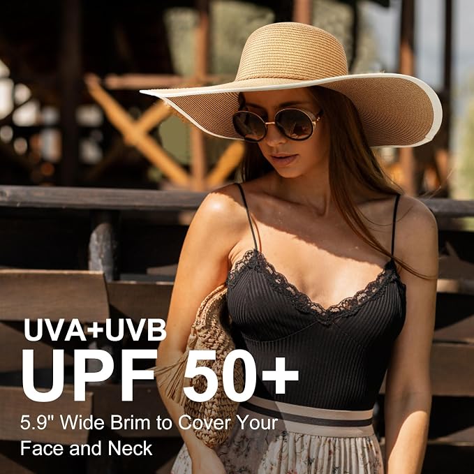 DRESHOW Beach Hats for Women Big Straw Wide Brim Summer Hat Floppy Foldable - Image 2