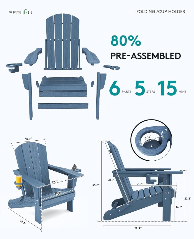 SERWALL Folding Adirondack Chair, HDPE Adirondack Chairs Set of 8, Plastic - Image 3
