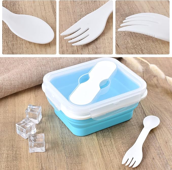 Silicone Lunch Container With Spoon & Fork, Bento Box, Collapsible Food Storage - Image 7