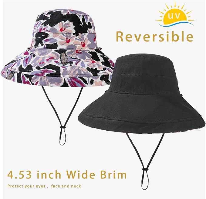 vidsel Womens Sun Hats Wide Brim Reversible Bucket Cotton Hat Packable Summer - Image 6