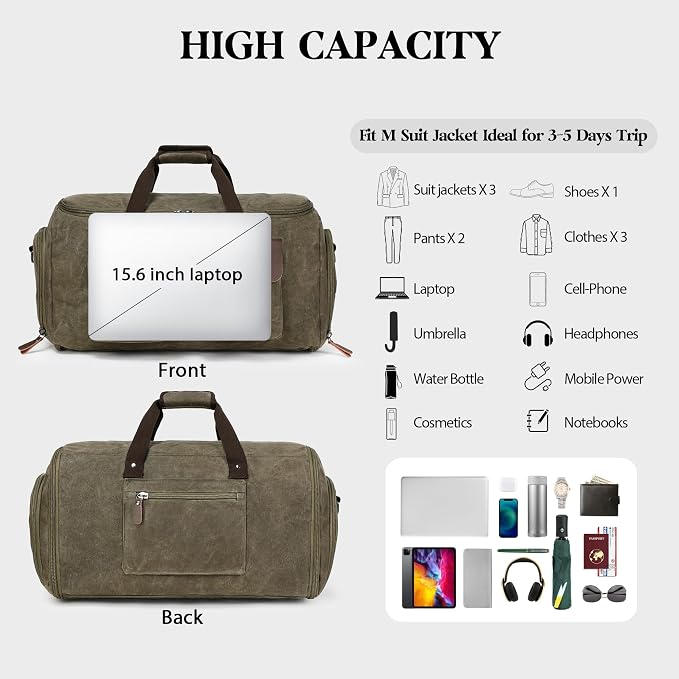 Waxed Canvas Garment Bags for Travel, Convertible Carry On Garment Duffel Bag - Image 4