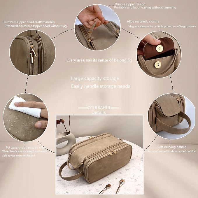 Travel Toiletry Bag for Women PU Leather Triple-layer Double Zipper Toiletry - Image 2