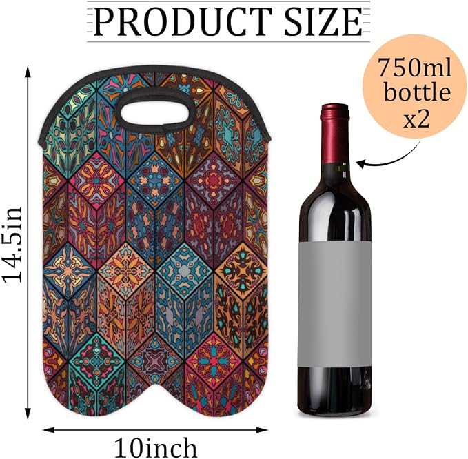 Square Mandala 2 Bottle Wine Carrier Tote Bag Insulated Wine Bottles Neoprene - Image 2