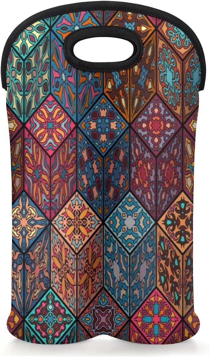 Square Mandala 2 Bottle Wine Carrier Tote Bag Insulated Wine Bottles Neoprene by Aglebo