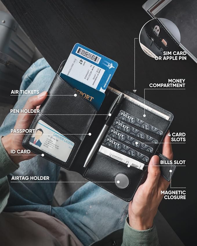 VULKIT Passport Holder with Airtag Holder RFID Blocking Passport Wallet Travel - Image 4