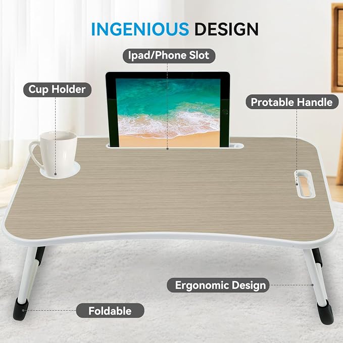 BUYIFY Folding Lap Desk, 23 Inch Portable Wood Brown Laptop Bed Desk Lap Desk - Image 3