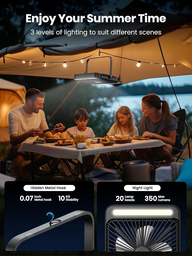 Warmco 20000mAh 8-inch Portable Camping Desk Fan, Ultra-thin LED Light - Image 3