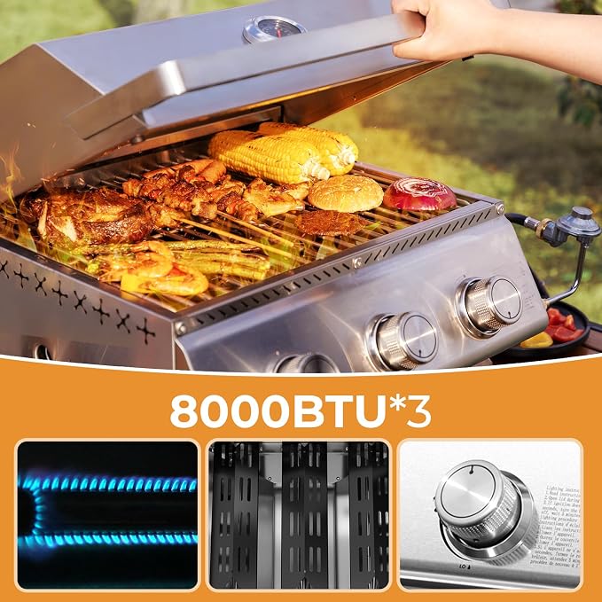 R.W.FLAME Premium 3 Burner Tabletop Propane Gas Grill Stainless Steel Portable - Image 4