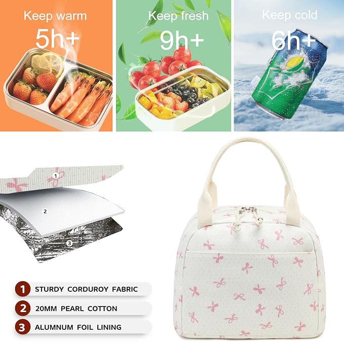 Bluboon Lunch Bag for Women Men Cute Corduroy Lunch Tote Bags Reusable - Image 4