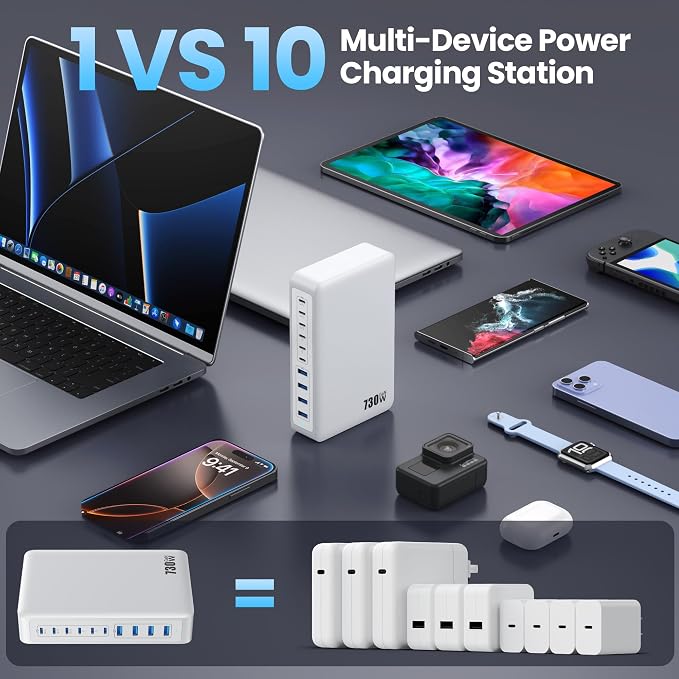 730W USB C Charger Block, 10-Ports GaN V Fast Charging Station Hub, QC4.0+Three - Image 4