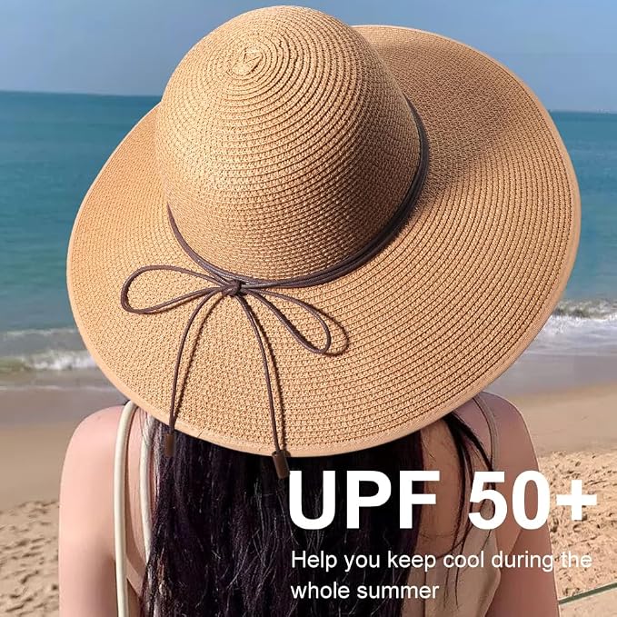 DRESHOW Beach Hats for Women Big Straw Wide Brim Summer Hat Floppy Foldable - Image 3