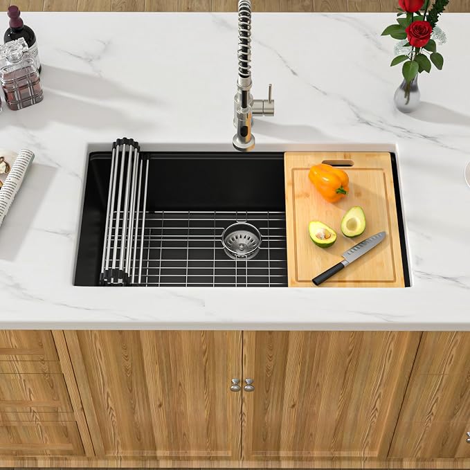 33 Inch Black Granite Composite Kitchen Sink Workstations Black Quartz - Image 3