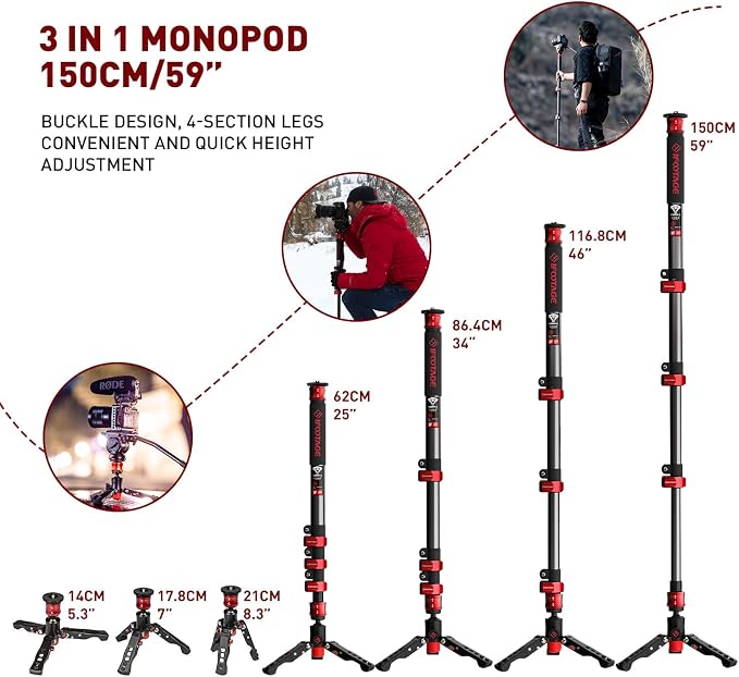 IFOOTAGE Monopod with Feet, 59’’ Lightweight Telescopic Carbon Fiber Camera - Image 5