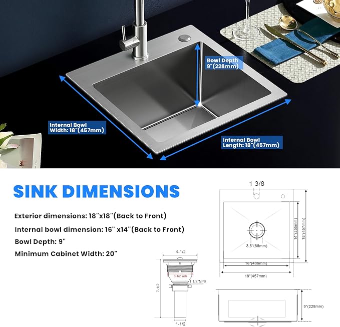 POPFLY 18 Inch Drop In Kitchen Sink, 304 Stainless Steel Top mount Handmade - Image 7
