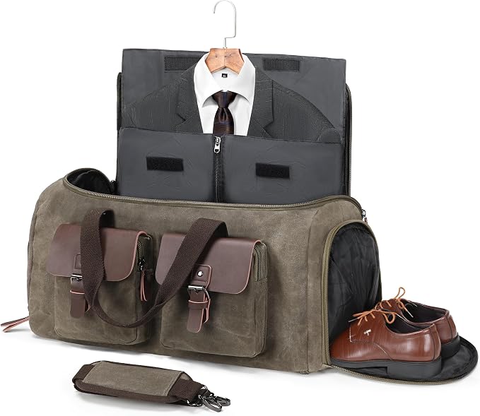 Waxed Canvas Garment Bags for Travel, Convertible Carry On Garment Duffel Bag by DensataTravelBag