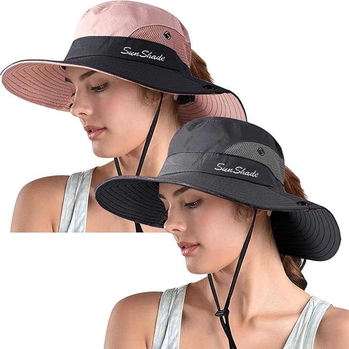 ZOORON Women's Ponytail Safari Sun Hat, Wide Brim UV Protection Outdoor Bucket by ZOORON