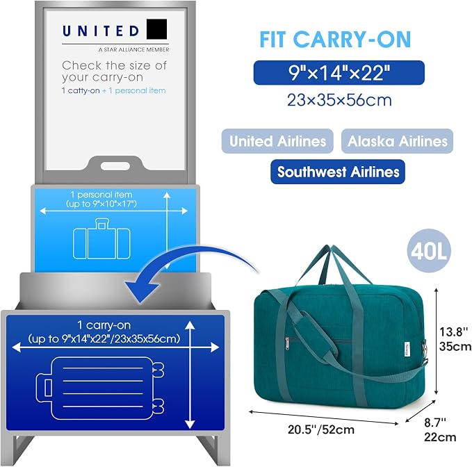 Carry on luaggage 22x14x9 Airlines Approved Foldable Carry on Bag Travel Duffel - Image 2