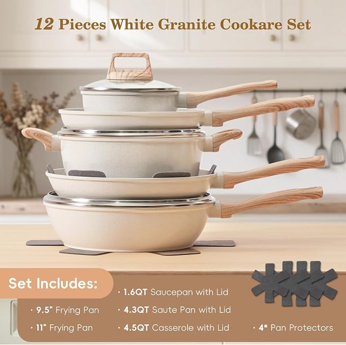 12 Pcs Pots and Pans Set, Nonstick Cookware Sets White Granite Induction - Image 2