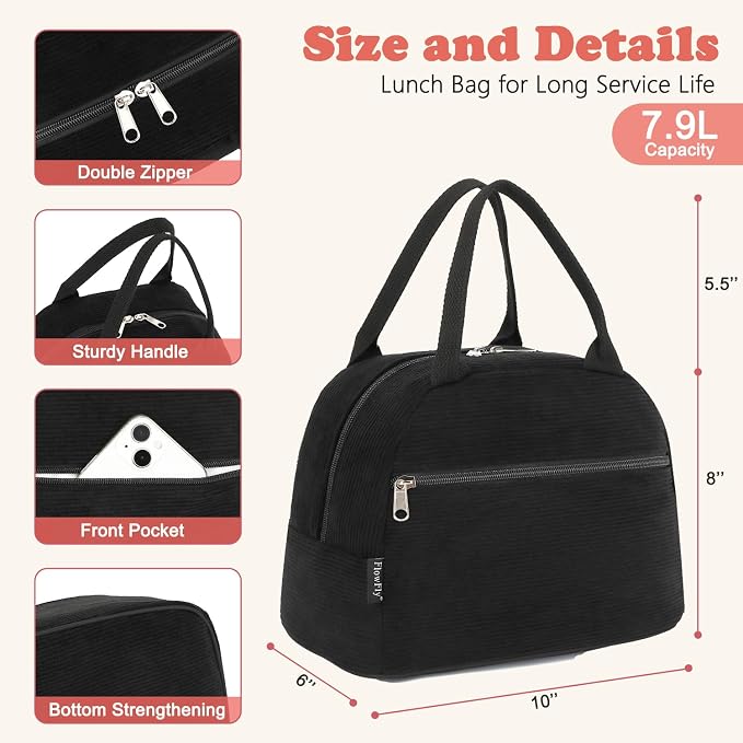 FlowFly Lunch Bag for Women Insulated Lunch Box Corduroy Lunch Tote Cooler for - Image 3