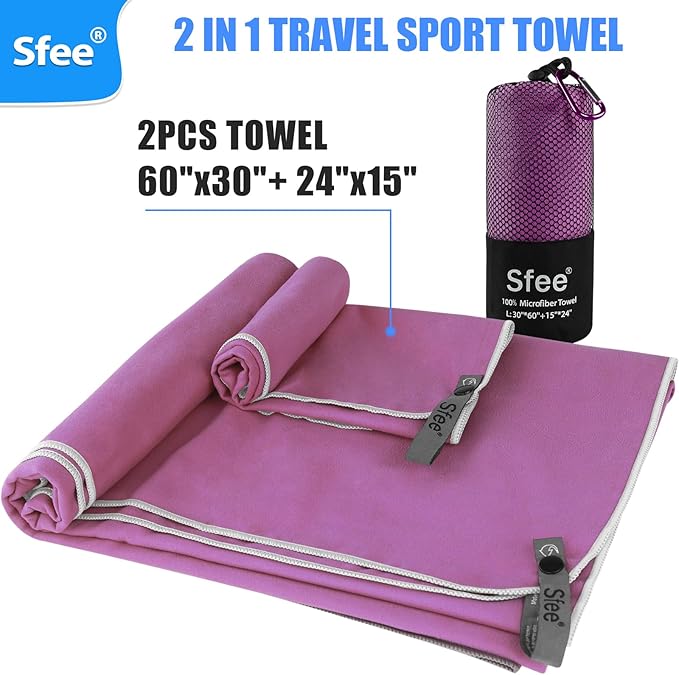 Sfee 2 Pack Microfiber Travel Towel, Quick Dry Camping Towel Large Beach Towel - Image 3