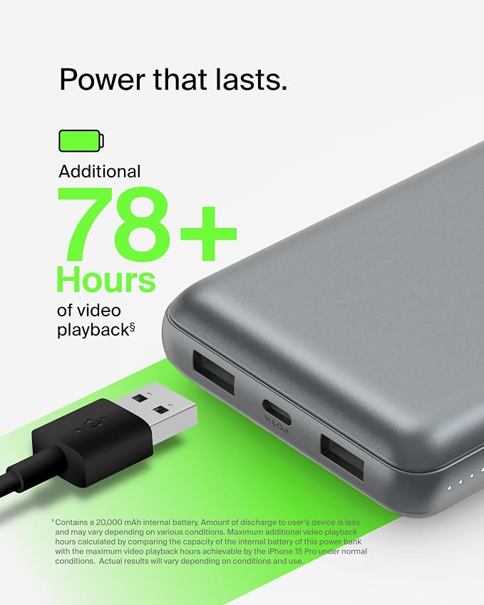 Belkin Portable Charger, USB C Power Bank 20000 mAh w/ 2 USB-A Ports, 15W w/A - Image 6