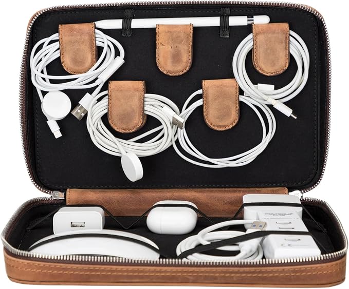 Medicine Handmade Leather Cable Organizer Bag – Full-Grain Leather Travel Tech by TORONATA
