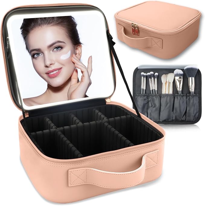 Makeup Bag with Led Mirror, Travel Makeup Organizer with 3 Color Setting by SUILU