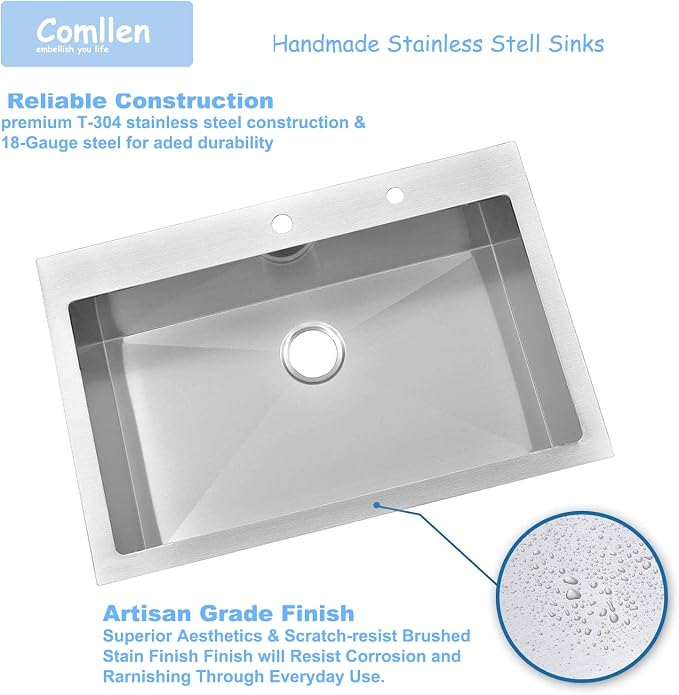 Comllen 28 Inch Drop in Kitchen Sink, 28x18 Inch Top Mount 18 Gauge Stainless - Image 3