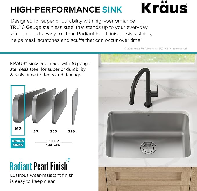 KRAUS Dex 25-inch Undermount 16 Gauge Stainless Steel Single Bowl Kitchen Sink - Image 5
