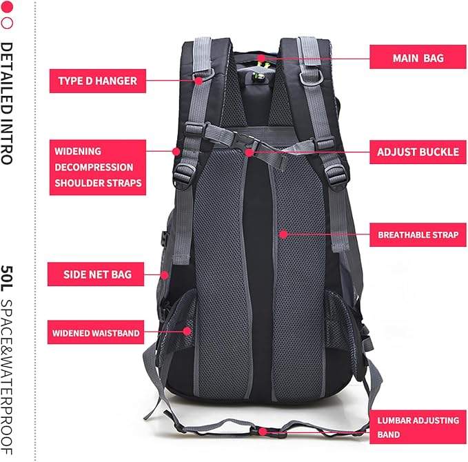 Bseash 50L Hiking Backpack, Water Resistant Lightweight Outdoor Sport Daypack - Image 6