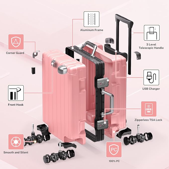 Krute Checked Aluminum Frame Suitcase 24 Inch Zipperless Luggages Hardside PC - Image 4