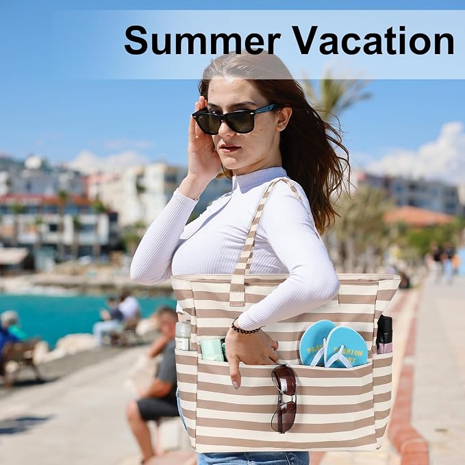 LEDAOU Large Beach Tote Bag Women Waterproof Sandproof Zipper Beach Tote Bag - Image 2
