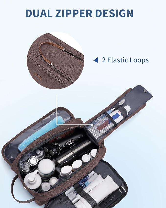 WANDF Toiletry Bag for Men Travel Toiletry Organizer Canvas and Leather Dopp - Image 4