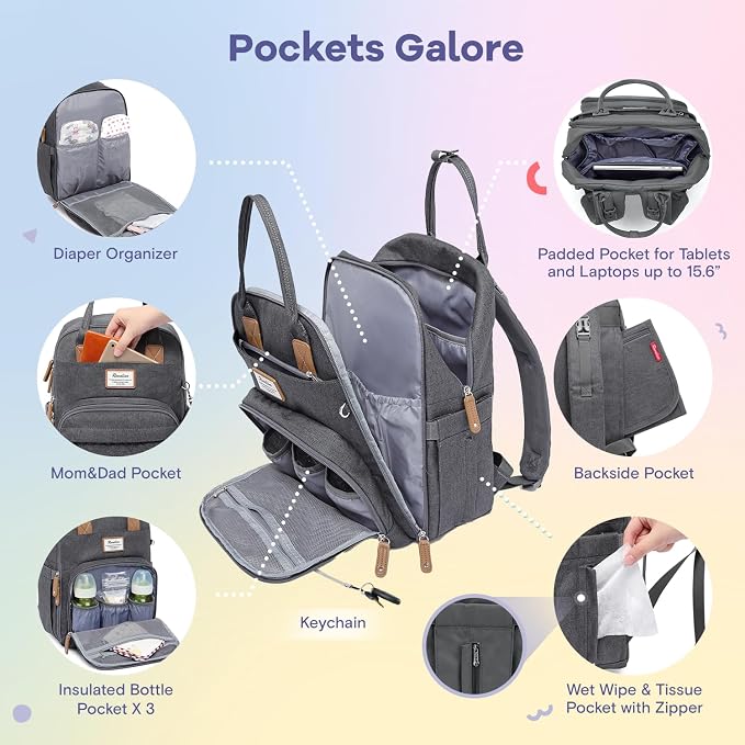 RUVALINO Diaper Bag Backpack, Large Capacity, Waterproof, Dark Gray - Image 3