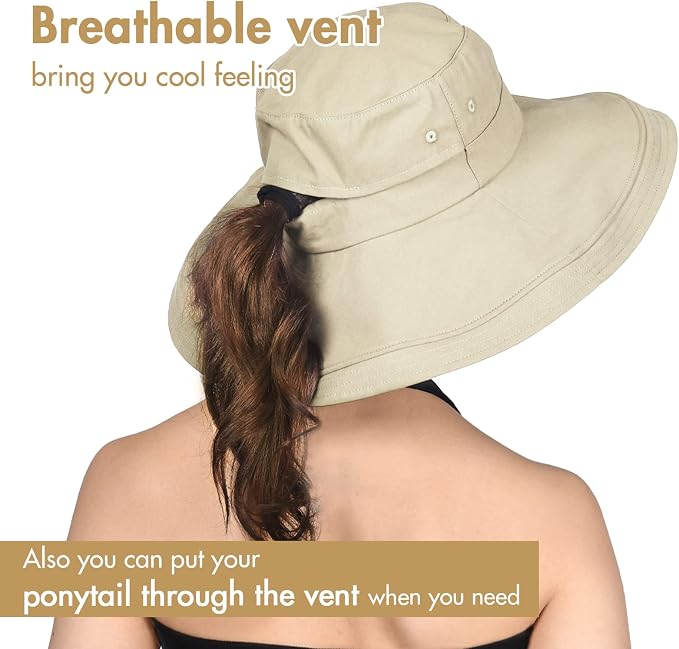 Sun Hats for Women Gardening Hat Wide Brim Ponytail Beach Sun Protection - Image 3