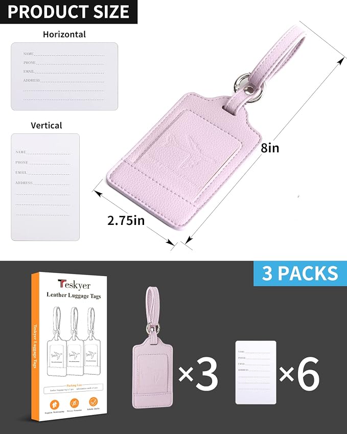 Teskyer Luggage Tags, 3 Pack Premium PU Leather Luggage Tags - Image 7