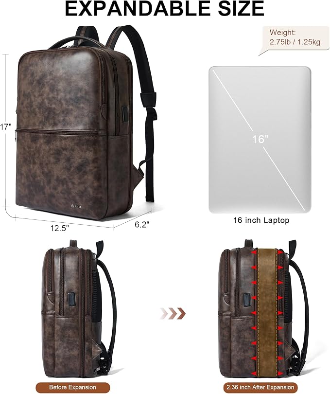 Vegan Leather Laptop Backpack for Women&Men, 16 Inch Expandable Backpack - Image 4